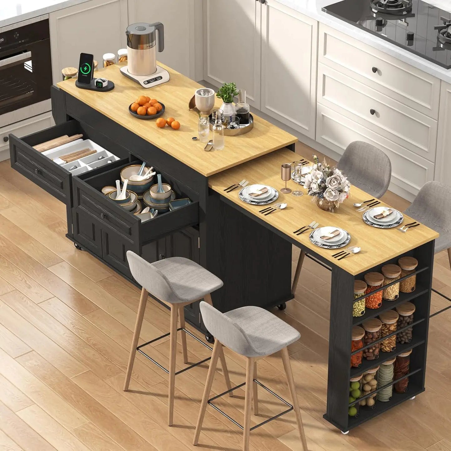 Extendable Kitchen Island with Dining Area & Power Outlet