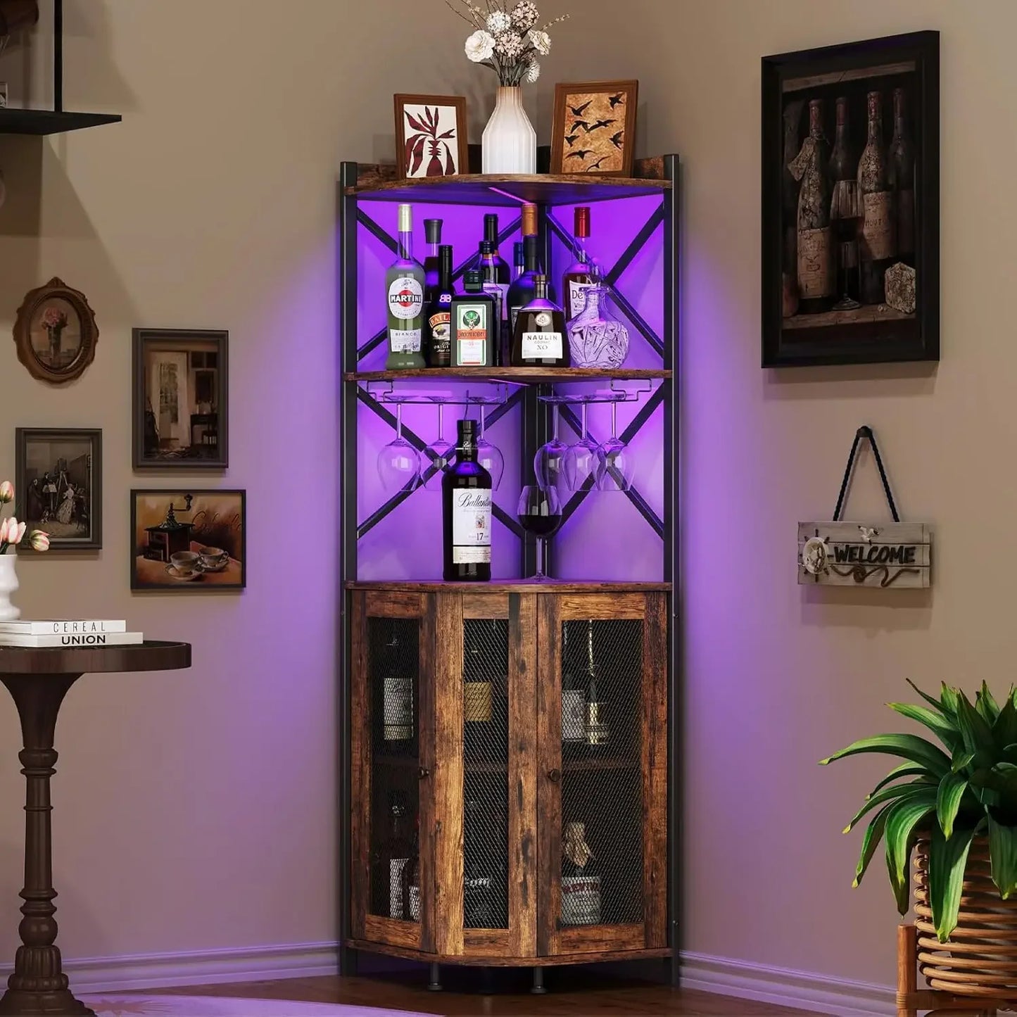 Farmhouse Corner Bar Cabinet with LED Lights & Glass Holders