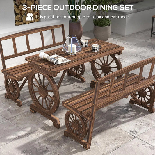 3 Piece Outdoor Wooden Rustic Table and Bench Set