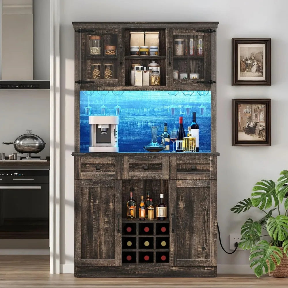 72" Tall Farmhouse Pantry Cabinet with Power Outlet & Lights