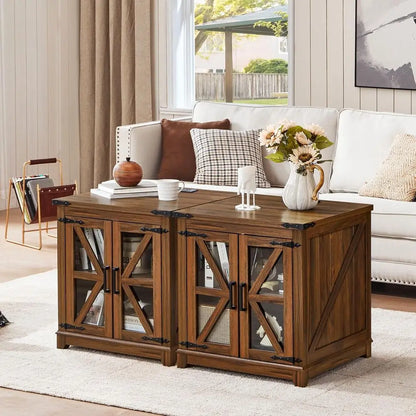 Set of 2 Farmhouse End Tables with Glass Doors