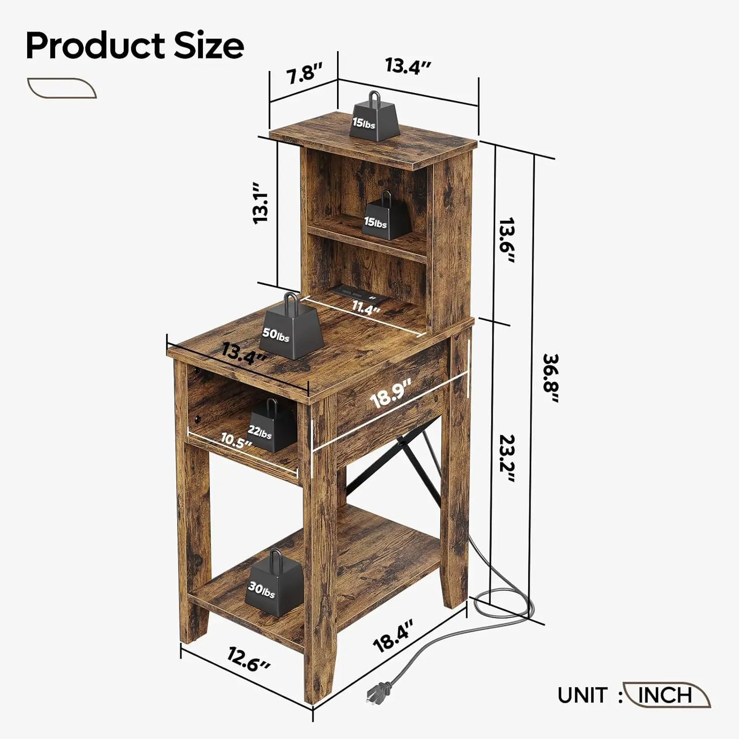 Set of 2 Rustic Nightstands with USB-C Charging Station