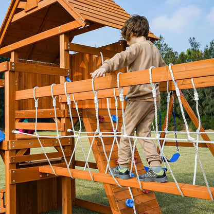Wooden Play Fort with Swing Set, Slide, Monkey Bar & Plank Bridge