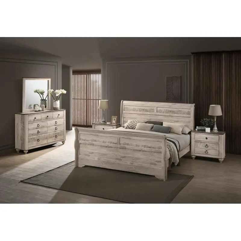 Contemporary Bedroom Set with Sleigh Bed, Dresser, Mirror & 2 Nightstands