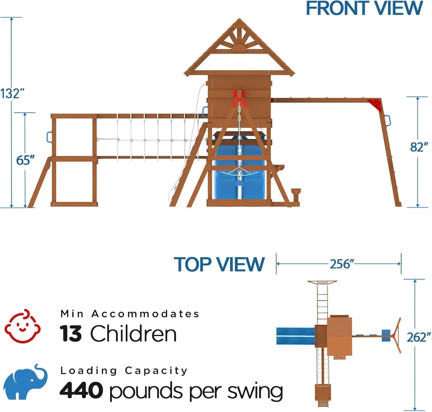 Wooden Play Fort with Swing Set, Slide, Monkey Bar & Plank Bridge