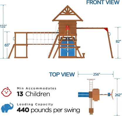 Wooden Play Fort with Swing Set, Slide, Monkey Bar & Plank Bridge