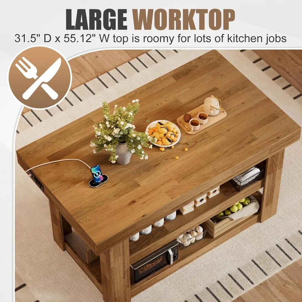 3-Tier, Farmhouse Kitchen Island with Power Outlets