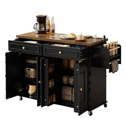 Mobile Kitchen Island with Spice Rack & Power Outlet