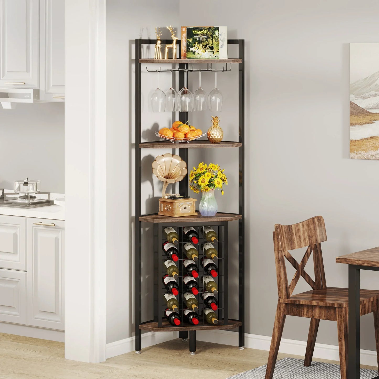 Corner Shelf Wine Rack Bar Cabinet with Glass Holder