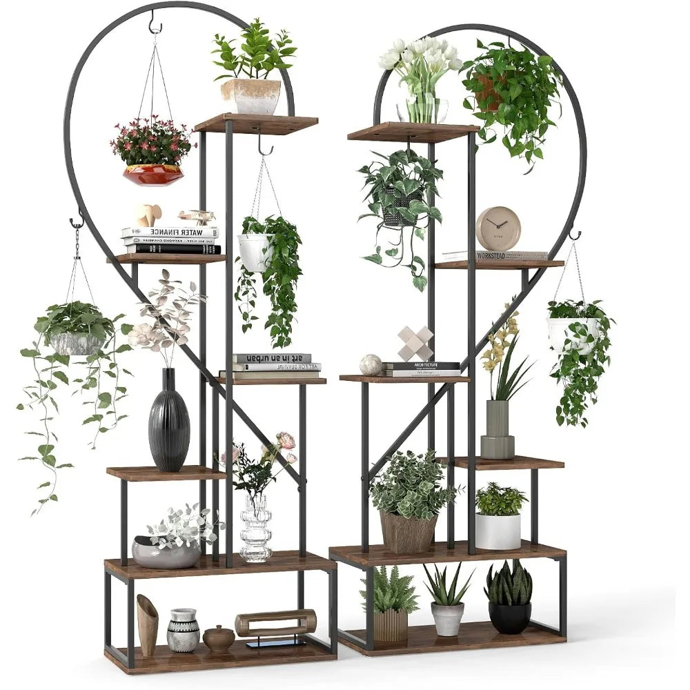 Tall Plant Stand Indoor, Metal Heart Shaped Plant Shelf for Plants Multiple with 6 Hanging Hooks & 12 Boards.
