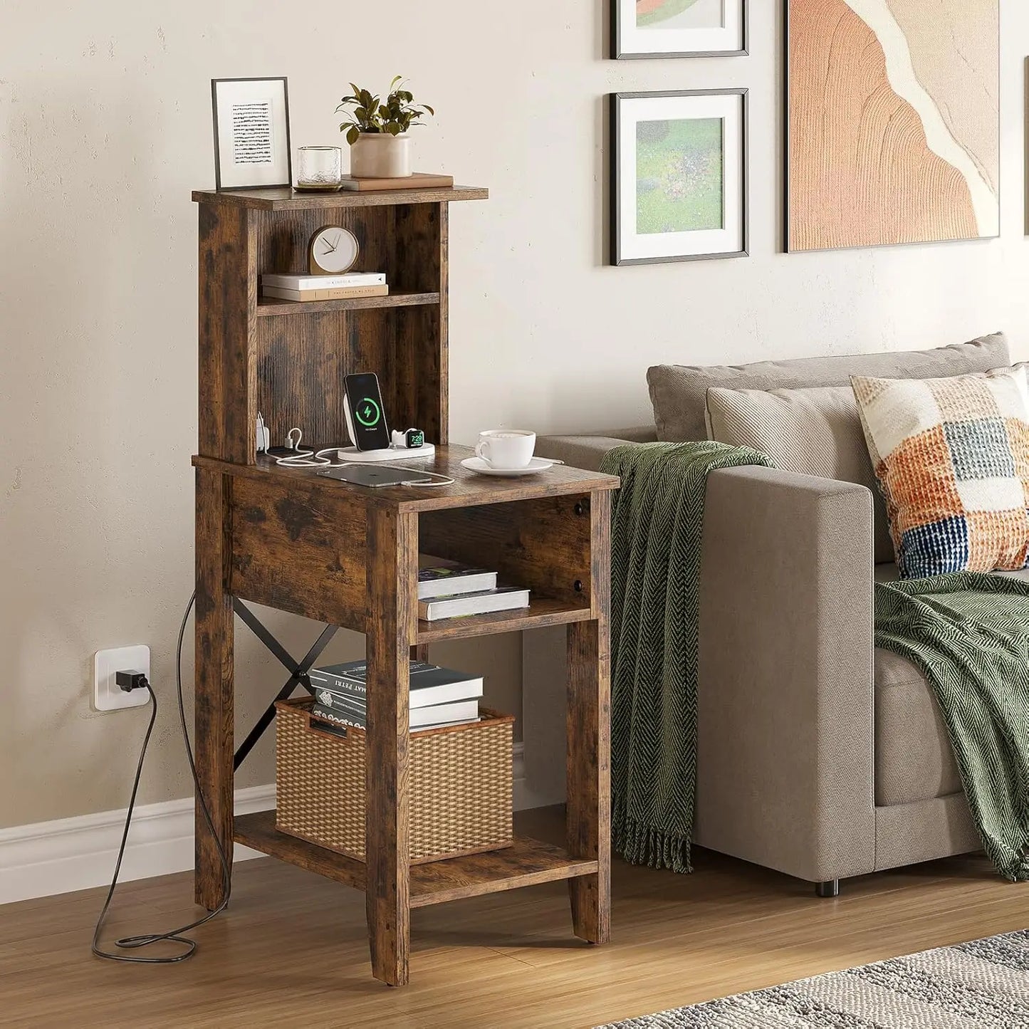 Set of 2 Rustic Nightstands with USB-C Charging Station