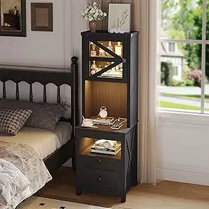 Farmhouse Night Stand with Charging Station & LED Lights