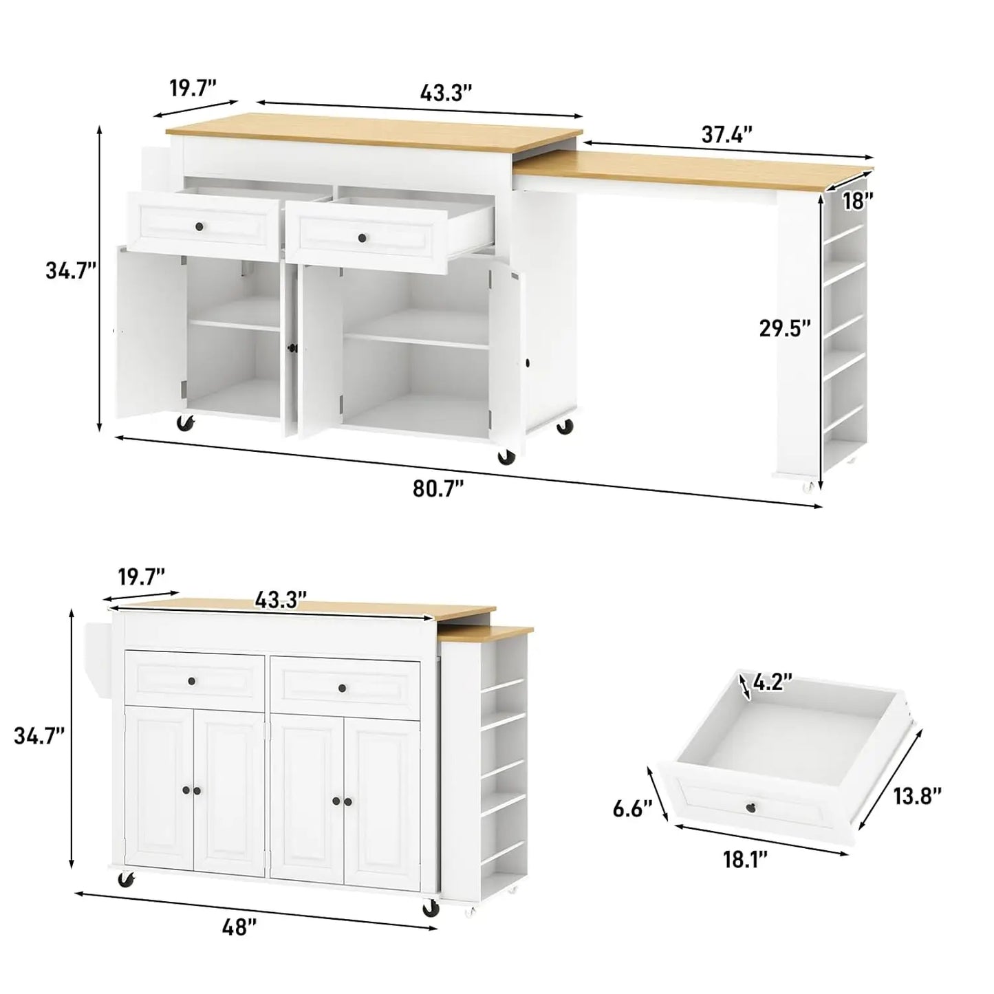 Extendable Kitchen Island with Dining Area & Power Outlet