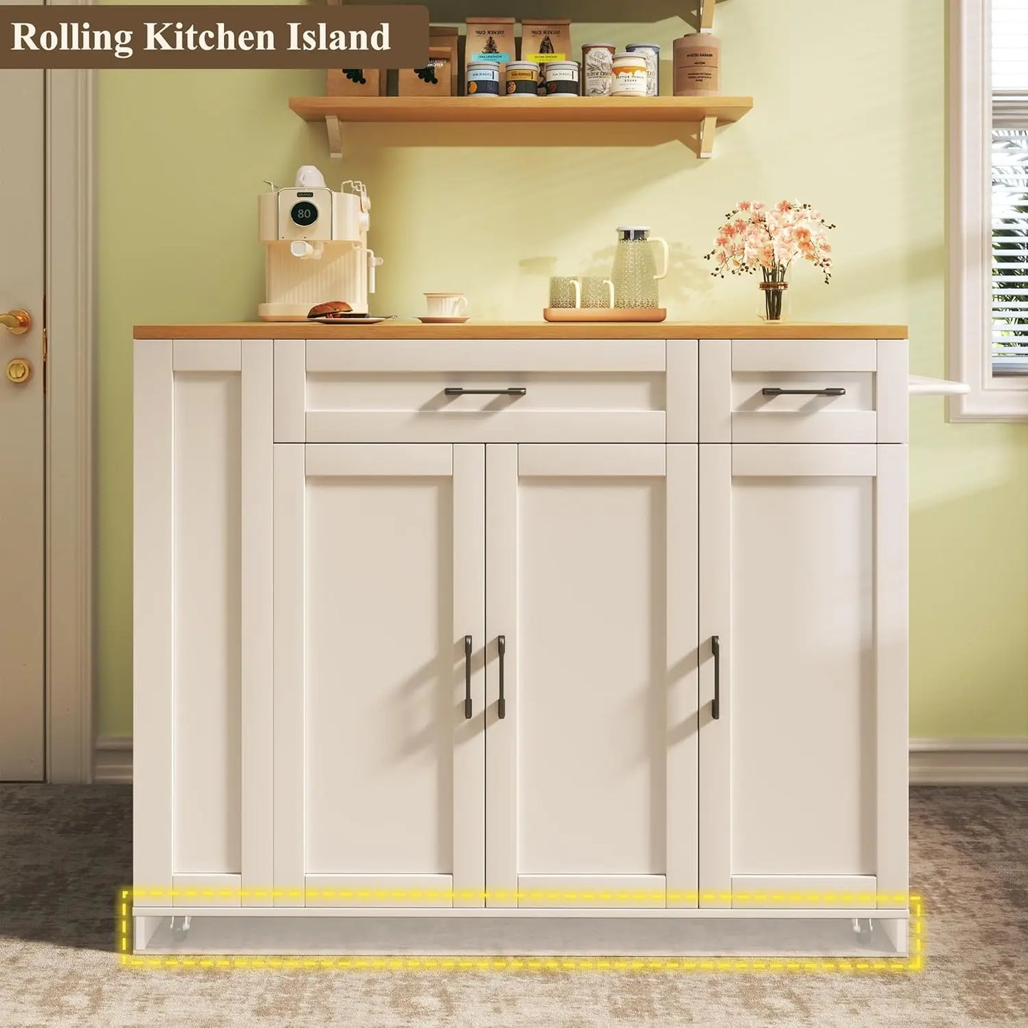 Rolling Kitchen Island with Drop Leaf & Spice Rack Shelf