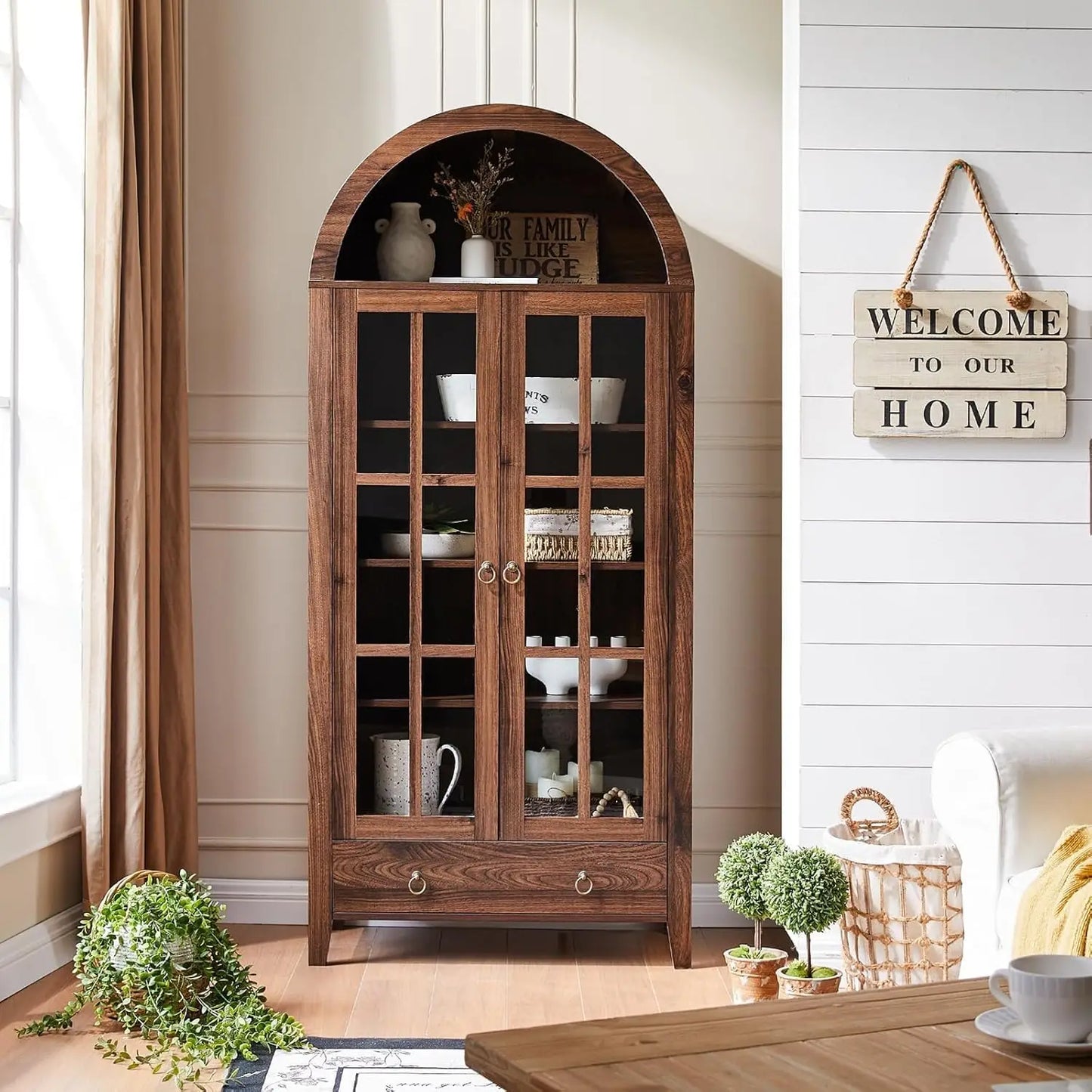 71” Tall, Arched Farmhouse Cabinet with Glass Doors