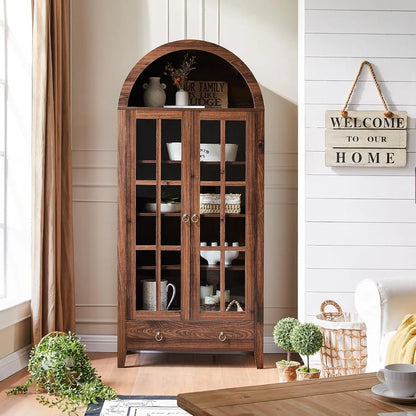 71” Tall, Arched Farmhouse Cabinet with Glass Doors