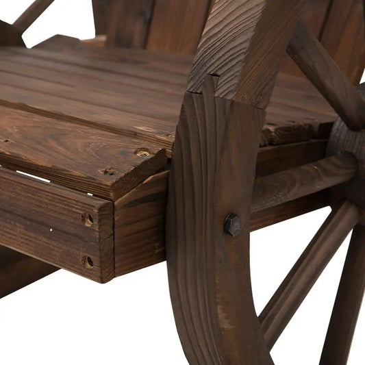 Rustic Wooden Rocking Chair with Wagon Wheel Armrests for Porch & Patio