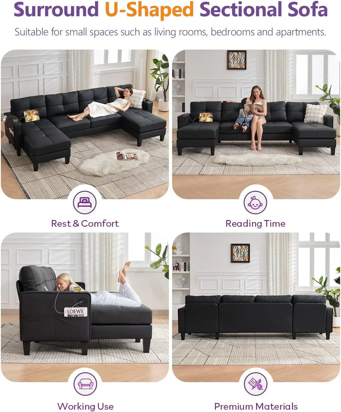 Sectional Sofa with Cup Holders & USB