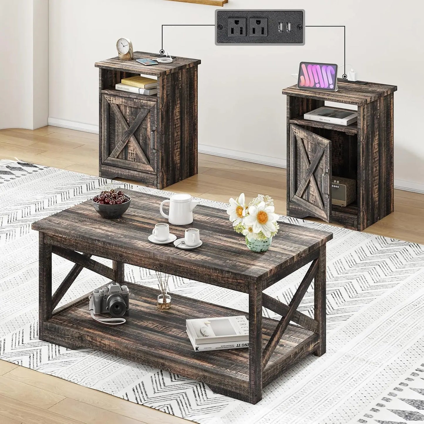 3-Piece Farmhouse Coffee & End Table Set with USB Ports