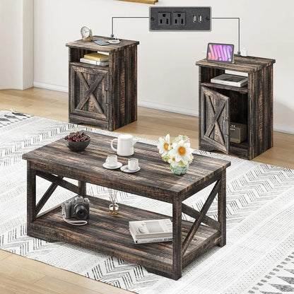 3-Piece Farmhouse Coffee & End Table Set with USB Ports