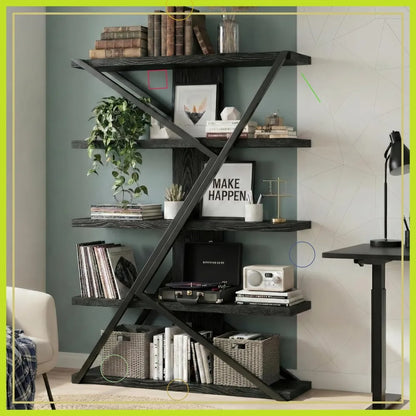 Industrial Farmhouse Bookcase with Wood and Metal Frame