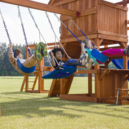 Wooden Play Fort with Swing Set, Slide, Monkey Bar & Plank Bridge