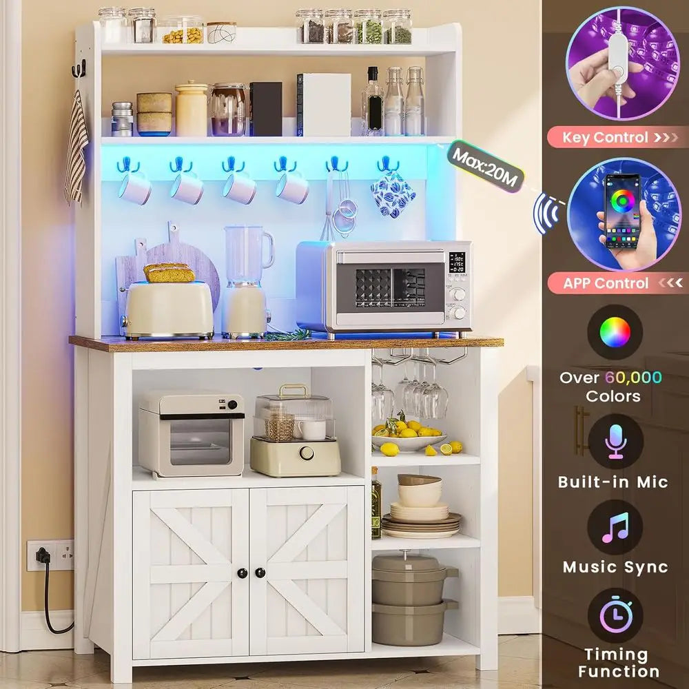 Farmhouse Coffee Bar Cabinet with LED Lighting & Power Outlet