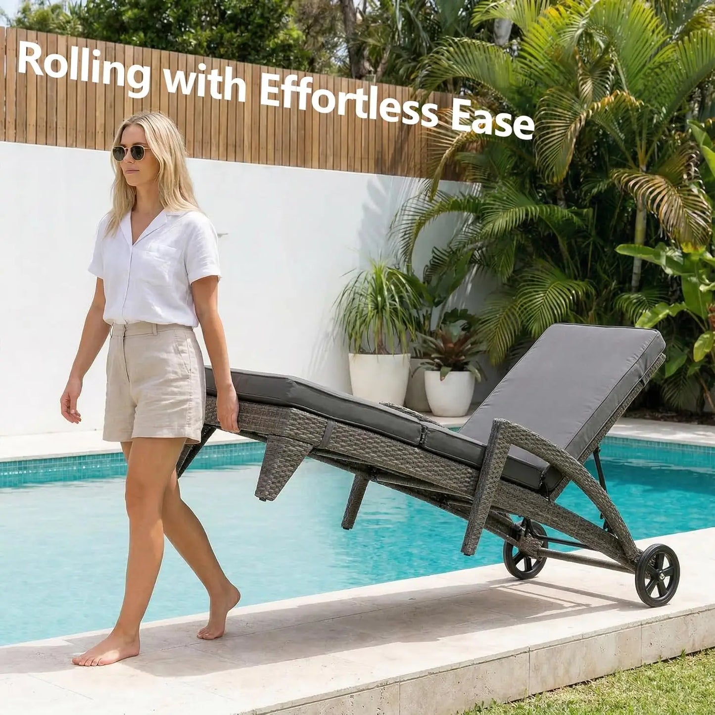 Set of 2 Upholstered Chaise Lounges with Wheels