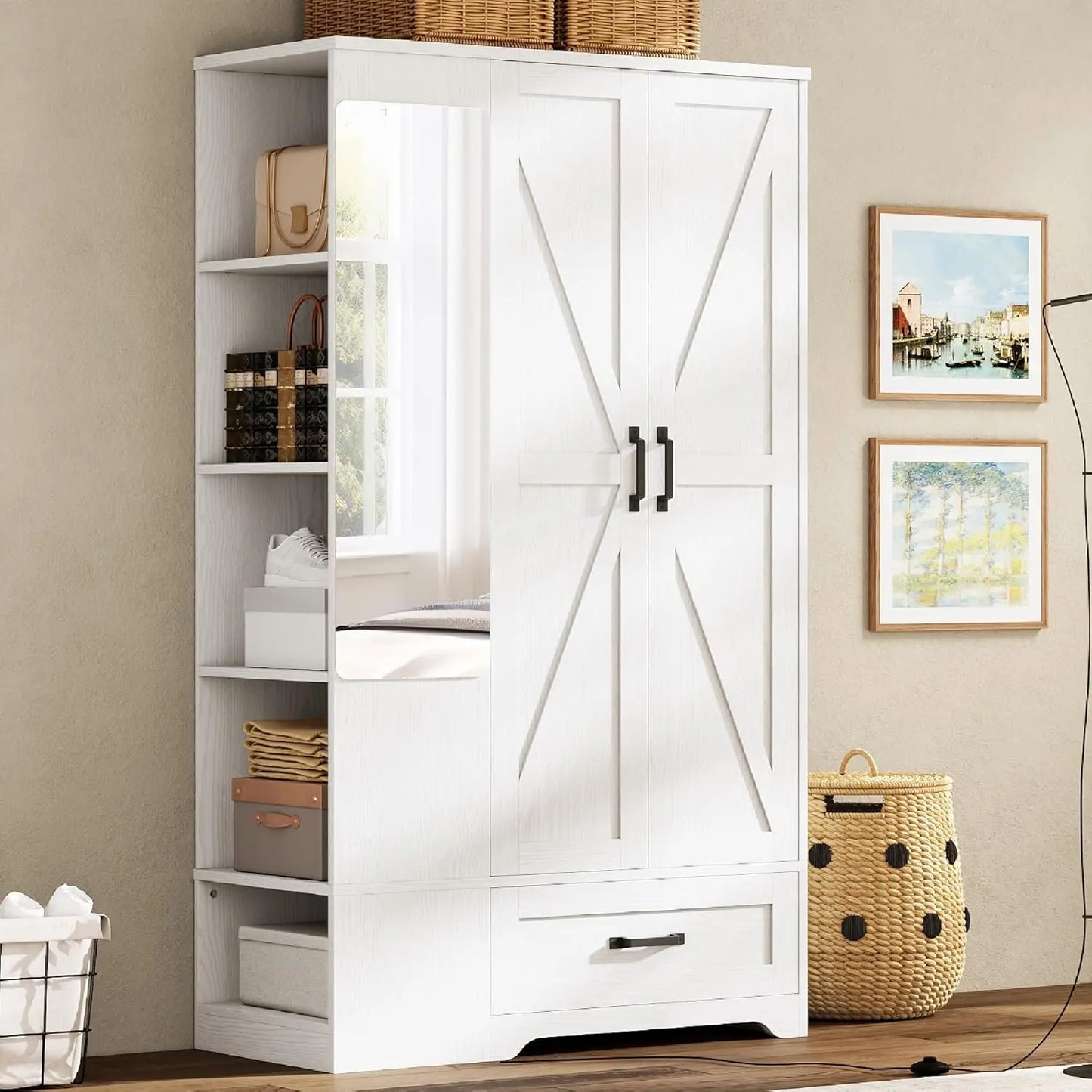 70" Tall Wardrobe Closet with Mirror for Bedroom