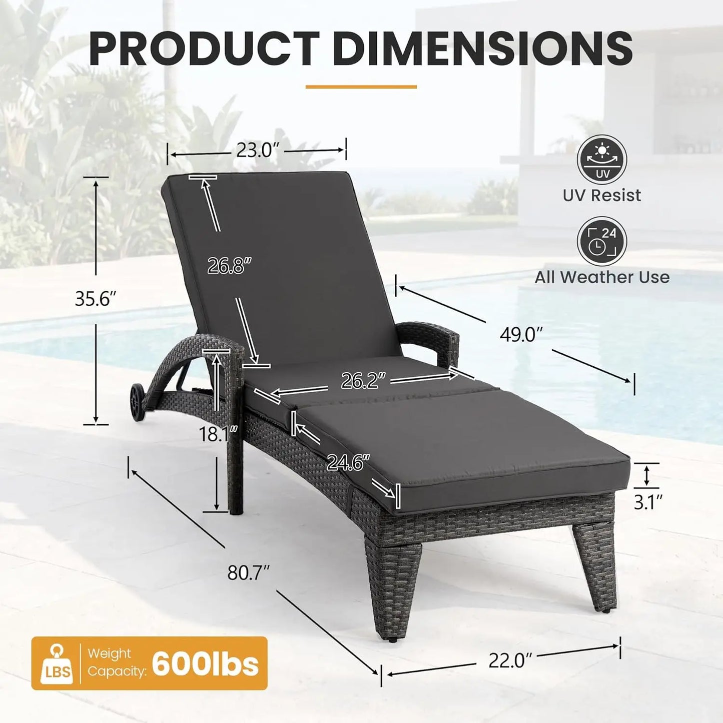 Set of 2 Upholstered Chaise Lounges with Wheels