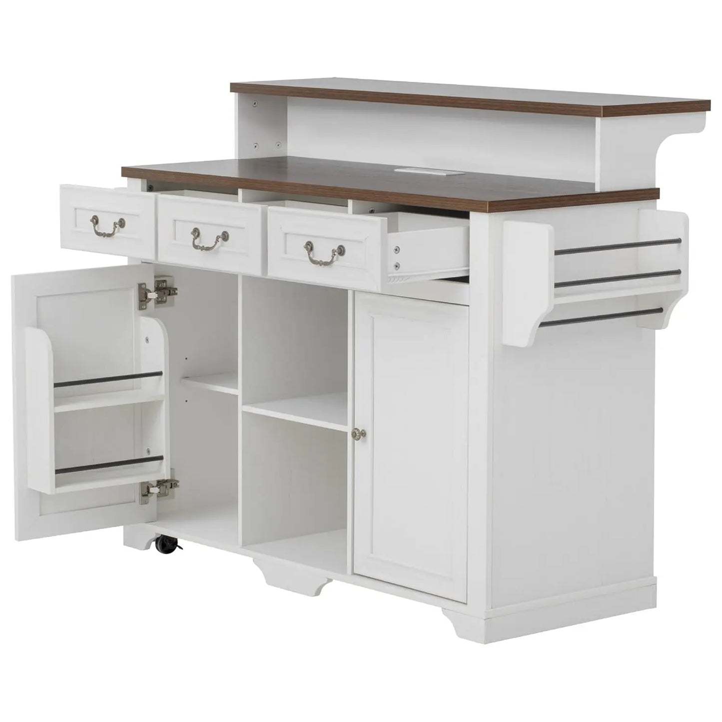 Mobile Farmhouse Kitchen Island with Dining Counter & Power Outlet