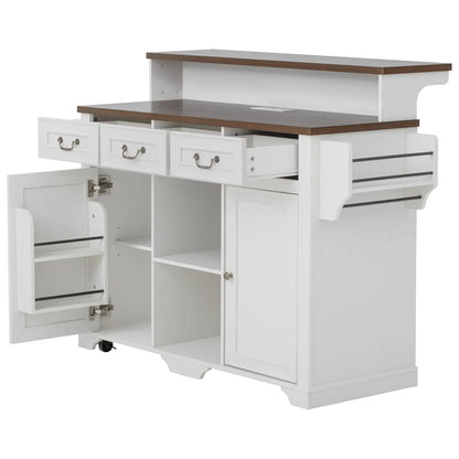 Mobile Farmhouse Kitchen Island with Dining Counter & Power Outlet