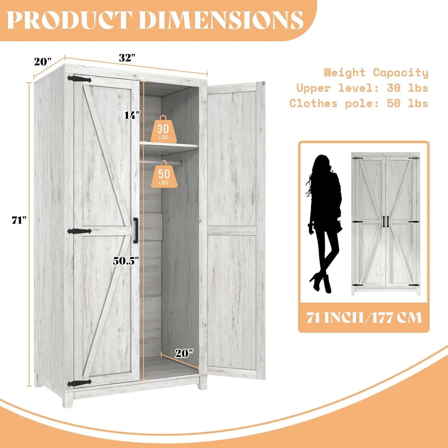 71" Tall Farmhouse Style Armoire with Dual Barn Doors