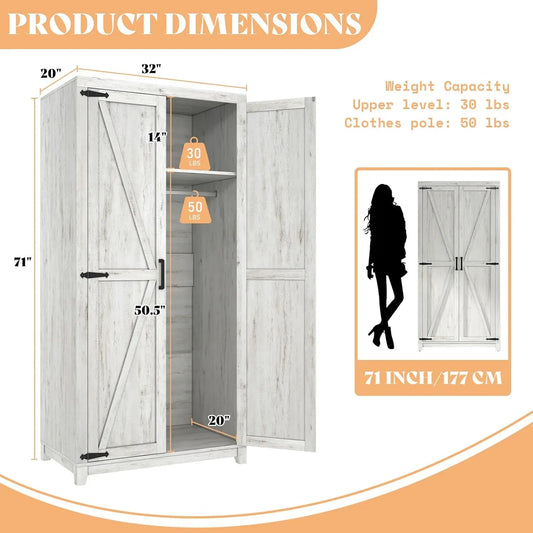 71" Tall Farmhouse Style Armoire with Dual Barn Doors