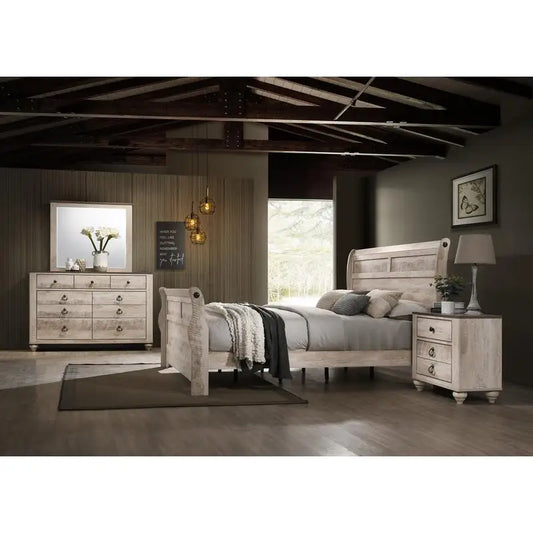 Contemporary Bedroom Set with Sleigh Bed, Dresser, Mirror & 2 Nightstands