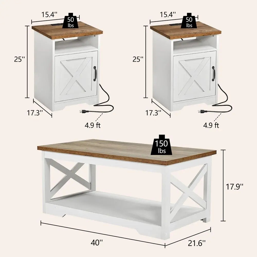3-Piece, Farmhouse Coffee & End Tables Set with USB Ports