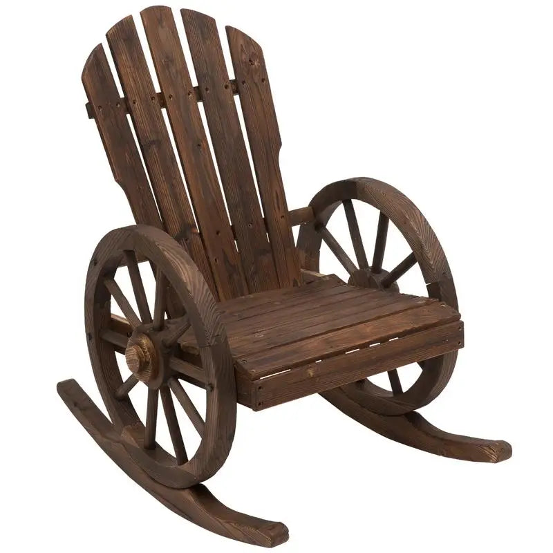 Rustic Wooden Rocking Chair with Wagon Wheel Armrests for Porch & Patio