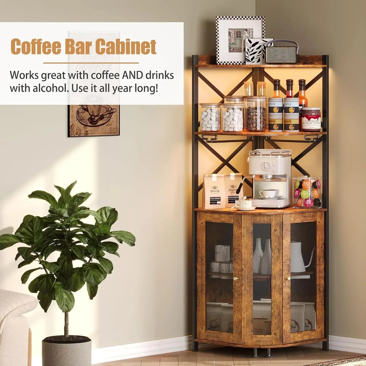 Farmhouse Corner Bar Cabinet with LED Lights & Glass Holders