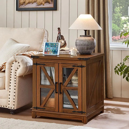 Set of 2 Farmhouse End Tables with Glass Doors