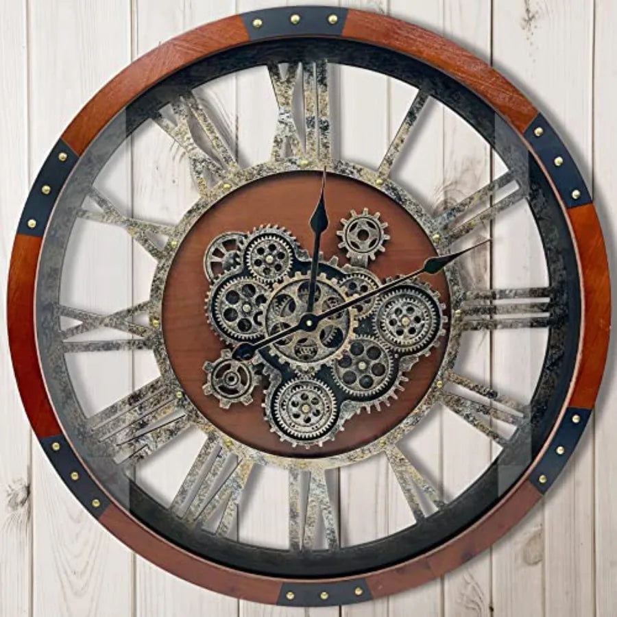 Rustic Farmhouse Industrial Wall Clock for Living Room Decor, Black Walnut Solid Wood Metal, Retro Steampunk Gears Design,  V