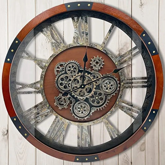 Rustic Farmhouse Industrial Wall Clock for Living Room Decor, Black Walnut Solid Wood Metal, Retro Steampunk Gears Design,  V