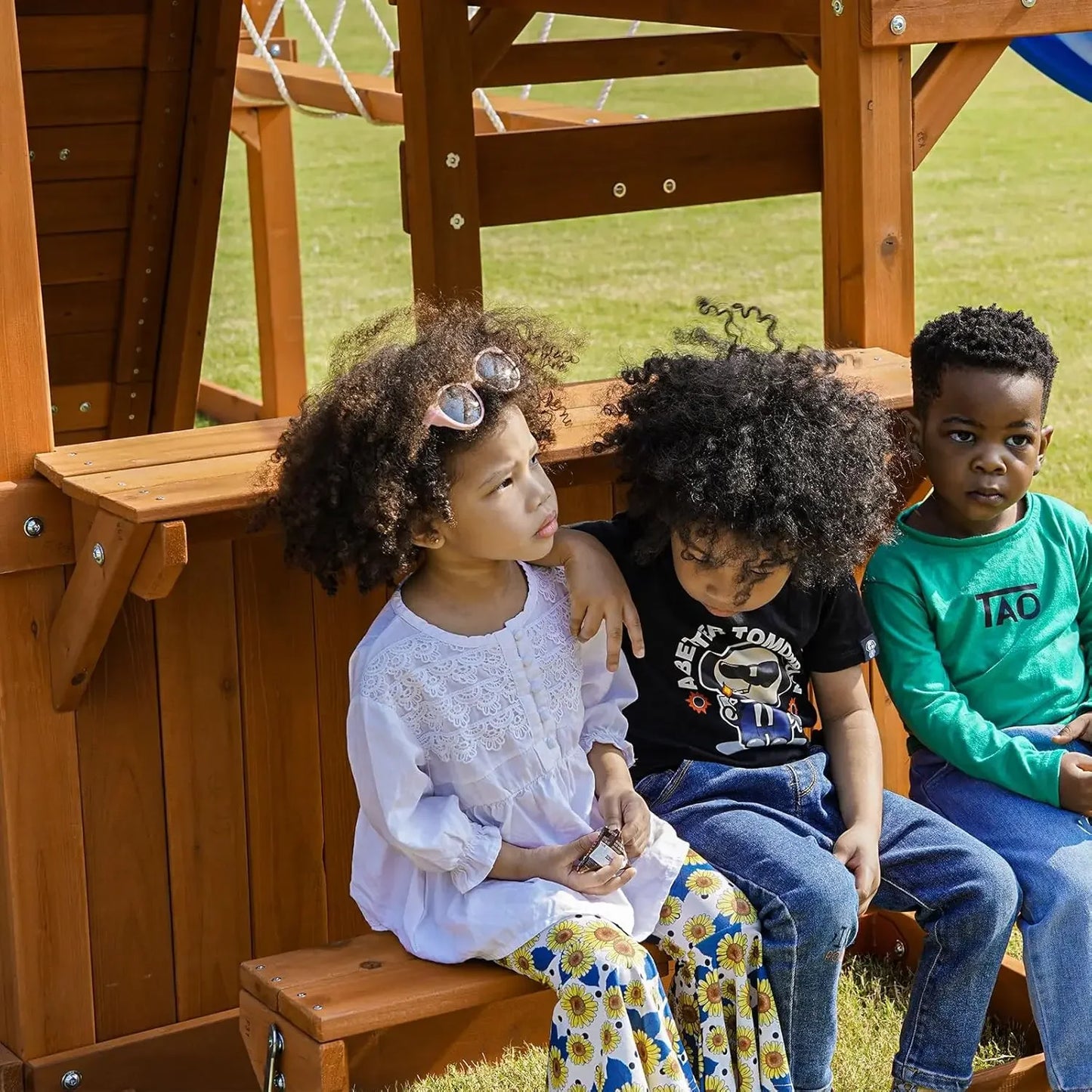 Wooden Play Fort with Swing Set, Slide, Monkey Bar & Plank Bridge