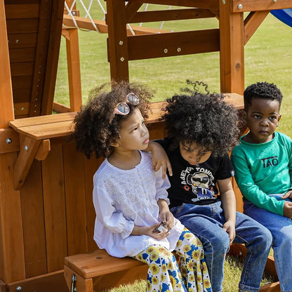 Wooden Play Fort with Swing Set, Slide, Monkey Bar & Plank Bridge