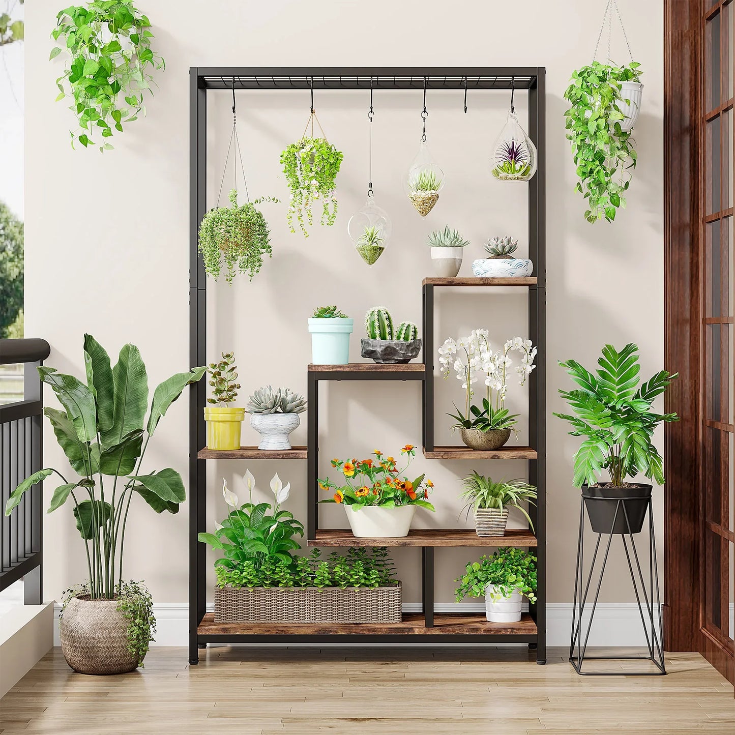 71" Tall, Indoor, Outdoor Plant Stand with Hanging Hooks