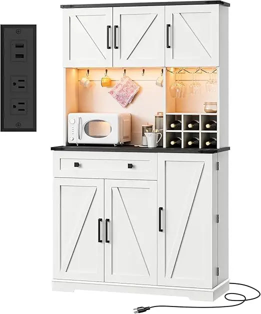 71" Tall Farmhouse Pantry Cabinet with Charging Station & LED Light