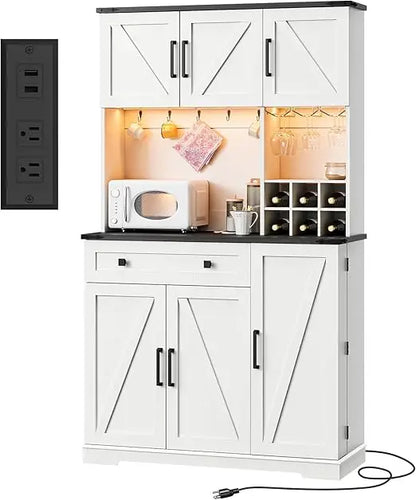 71" Tall Farmhouse Pantry Cabinet with Charging Station & LED Light