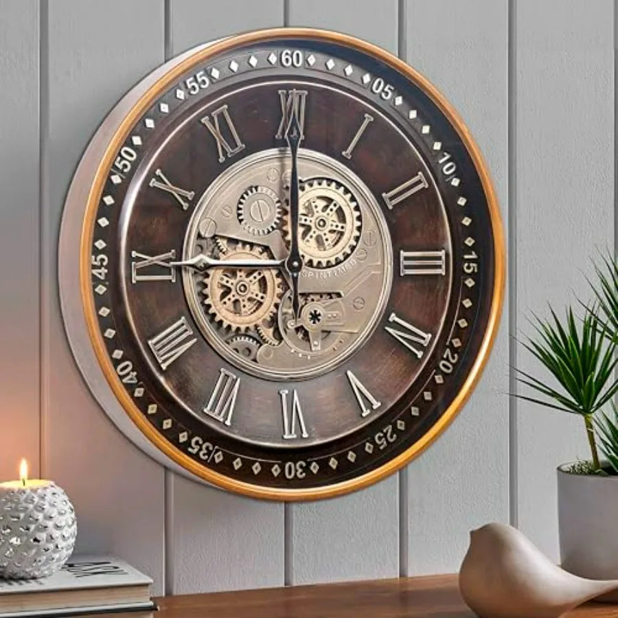 24" Industrial Steampunk Style Wall Clock with Moving Gears