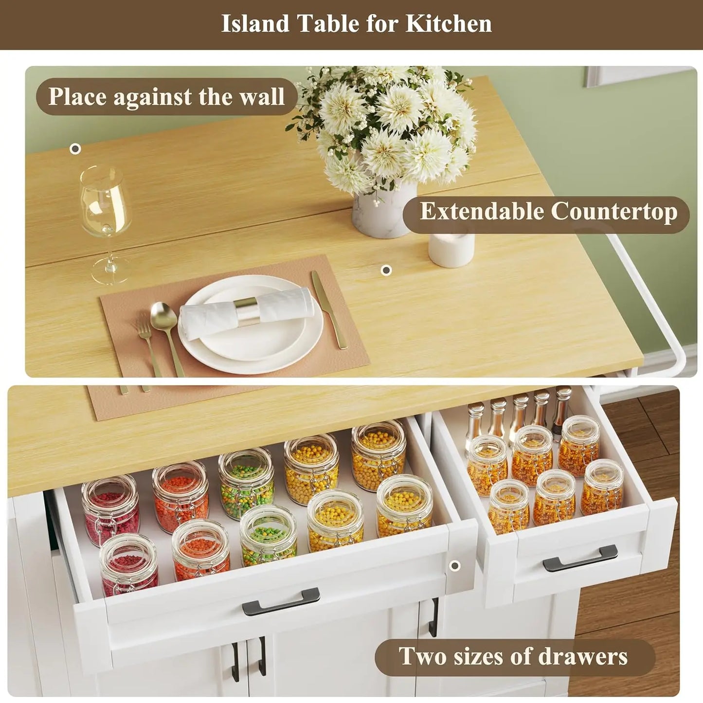 Rolling Kitchen Island with Drop Leaf & Spice Rack Shelf