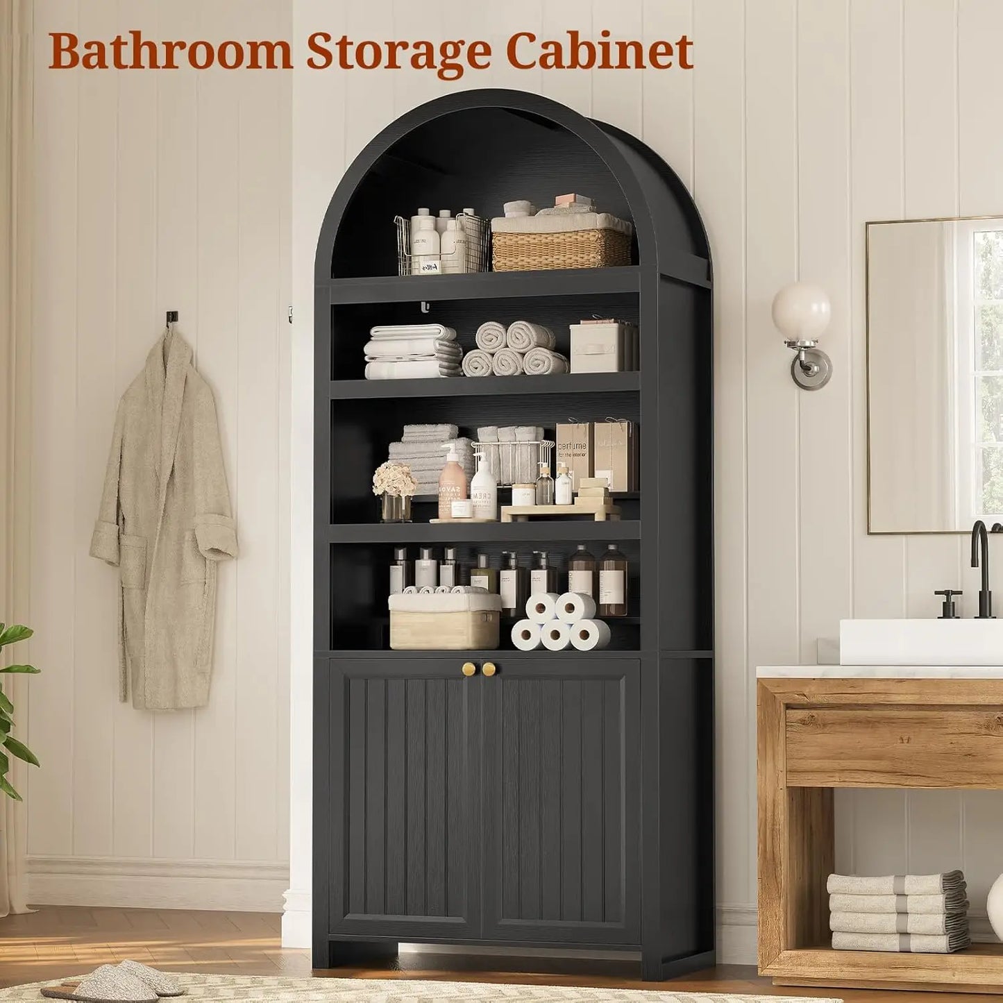 81" Tall Arched Bookshelf with Display Shelves & Cabinet Doors