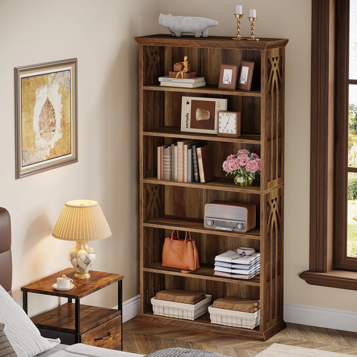 75" Tall Wooden Bookshelf with Display Shelves